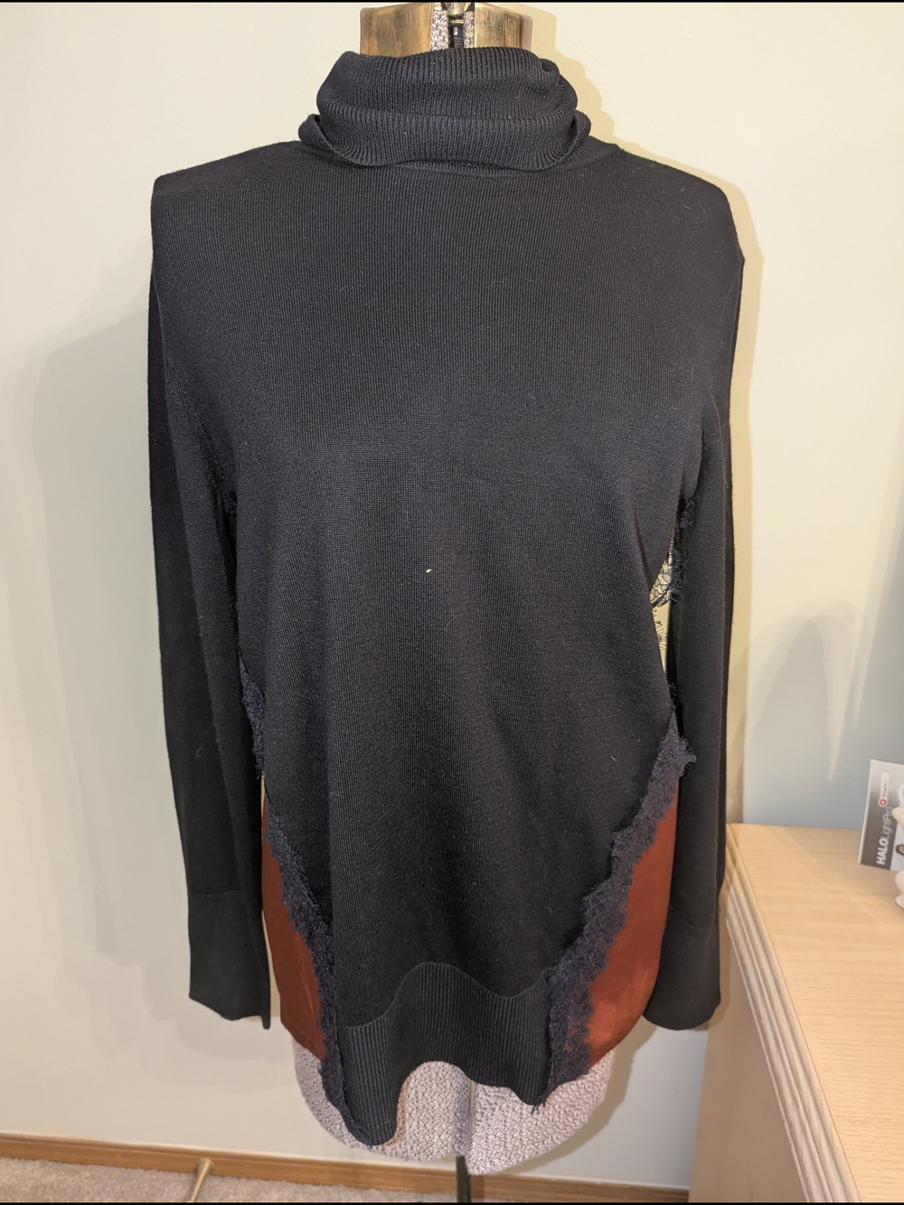 DKNY Navy Turtleneck Sweater with Brown Panels